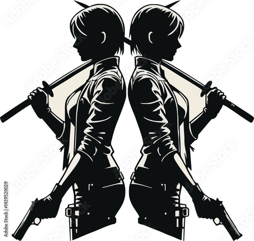 Mirrored Female Figures Pose With Katana Swords And Handguns In A Symmetrical Graphic Illustration
