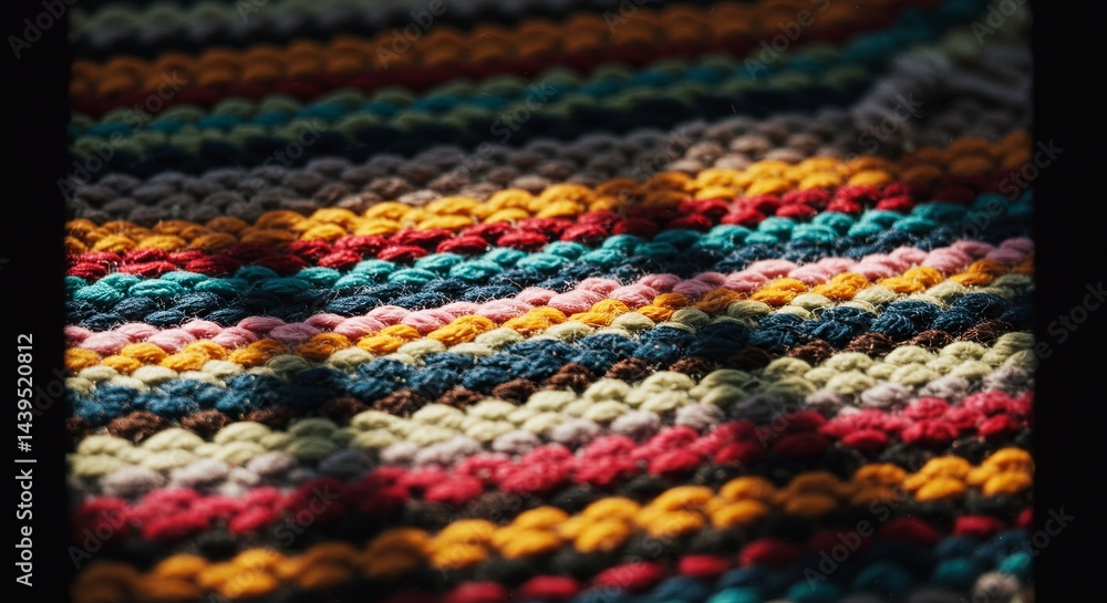 A colorful blanket with a pattern of stripes and squares A colorful blanket with a pattern of stripes and squares