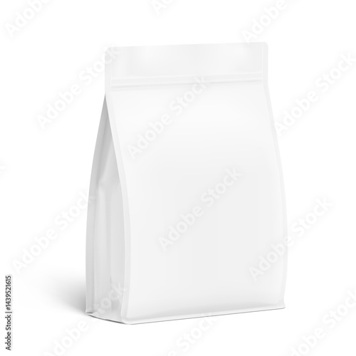 Vertical bag mockup. Flat bottom gusset bag with zipper lock. Half side view.  Vector illustration isolated on white background. Ready for use in presentation, promo, advertising and more. EPS10.