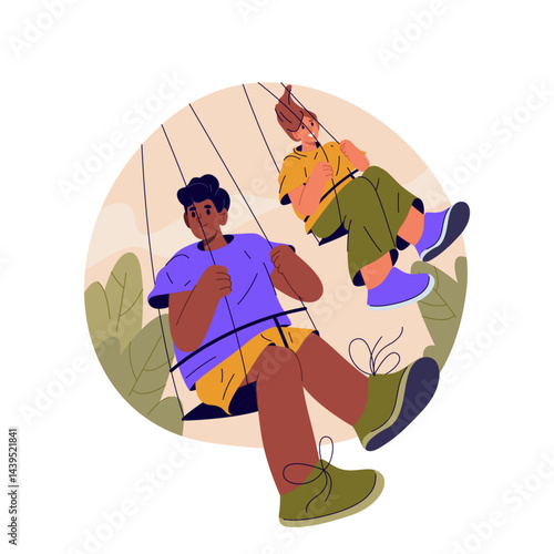 Pair at swing seesaw or people at carousel. Vector amusement park attraction with family. Outdoor holiday recreation or festive fun action. Friends at ride. Carnival sign or poster. Entertainment.