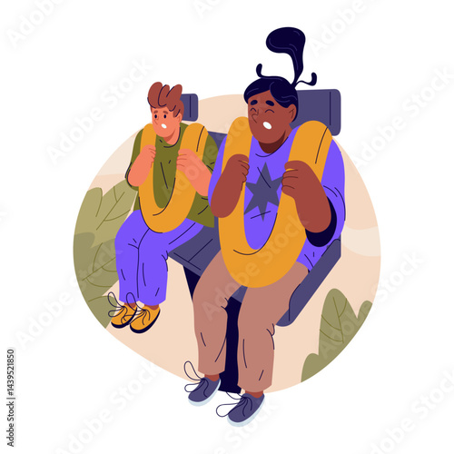 People at amusement park carousel. Vector roller coaster. Fun ride and excitement adventure. Fast speed attraction. Festive and holiday outdoor recreation. Friends entertainment. Flat cartoon track.