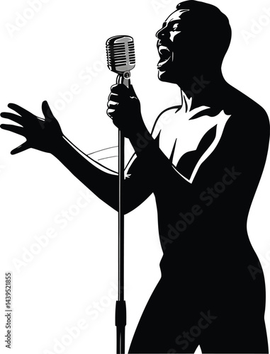 Singer silhouette holding microphone performing music live on stage in black and white vector art