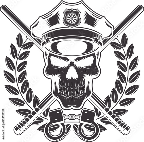 Skull police officer emblem with baton handcuffs and laurel wreath illustration