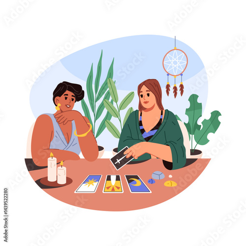 Tarologist woman with cards. Vector woman consultation or female at foretelling session. Clairvoyant vision and prediction from card analysis. Psychic spiritual or supernatural intuition. Card reading