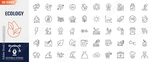 Ecology and Environment line editable icon set. Containing Eco friendly. Electric car, global warming, renewable energy, organic farming and more. Vector illustration