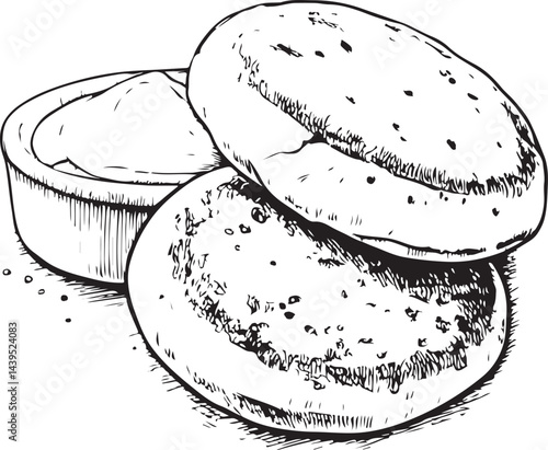 English muffin, Type of Bread, Black and White Vector Illustration, Sketch Drawing Line Linear Symbol Icon Engraving, Hand-drawn Isolated
