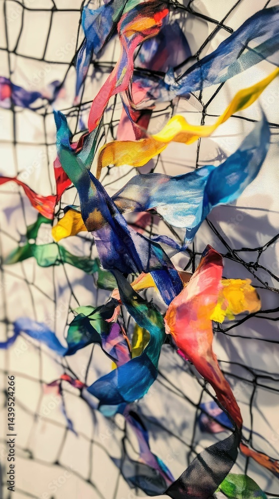 Colorful fabric ribbons entangled on a grid. Colorful fabric ribbons entangled on a grid.