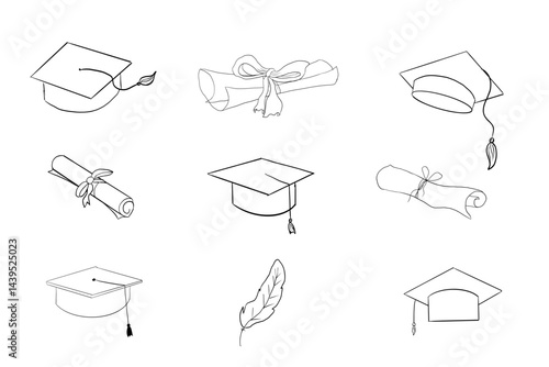 Graduation hat doodle line. University Cap of graduate and certificate degree hand drawn outline. Graduation hats sketch 