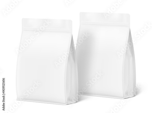 Vertical bag mockups. Flat bottom gusset bags with zipper lock. Half side view. Vector illustration isolated on white background. Ready for use in presentation, promo, advertising and more. EPS10.