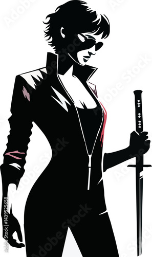 A black silhouette of a young woman, a stylish figure with a gun, embodying a powerful and glamorous design