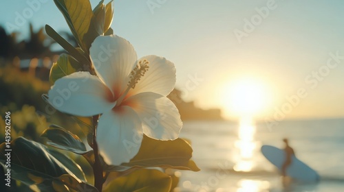 Beautiful white flower with surfer and ocean at sunset