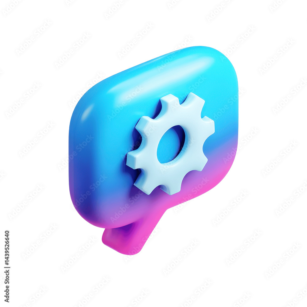 3D Render of a Blue and Pink Speech Bubble with a Gear Icon - Setting, Configuration, Support 3D Render of a Blue and Pink Speech Bubble with a Gear Icon - Setting, Configuration, Support