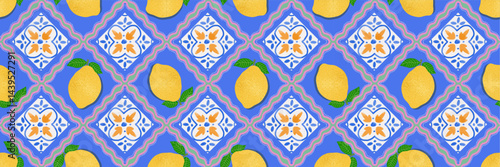 Seamless Mediterranean Italian pattern. Vector blue illustration Italian tiles, ceramics, lemon, ornament for background, textile or banner