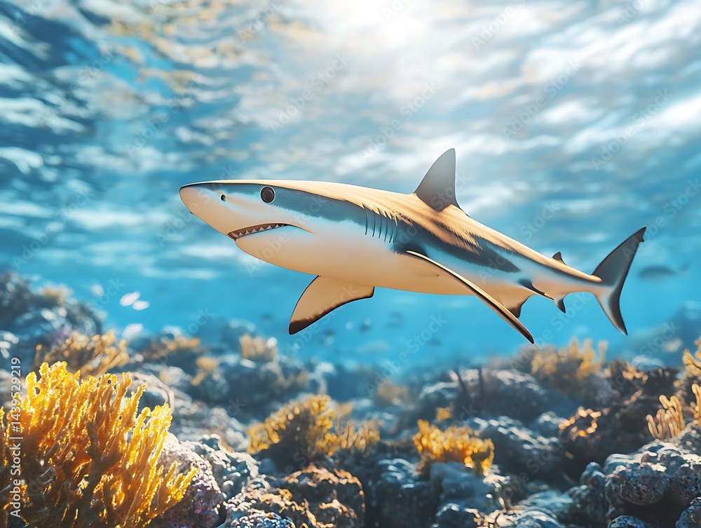 Fototapeta premium Oceanic shark in coral reef. Underwater marine wildlife. Potential use Nature, travel, or educational purposes