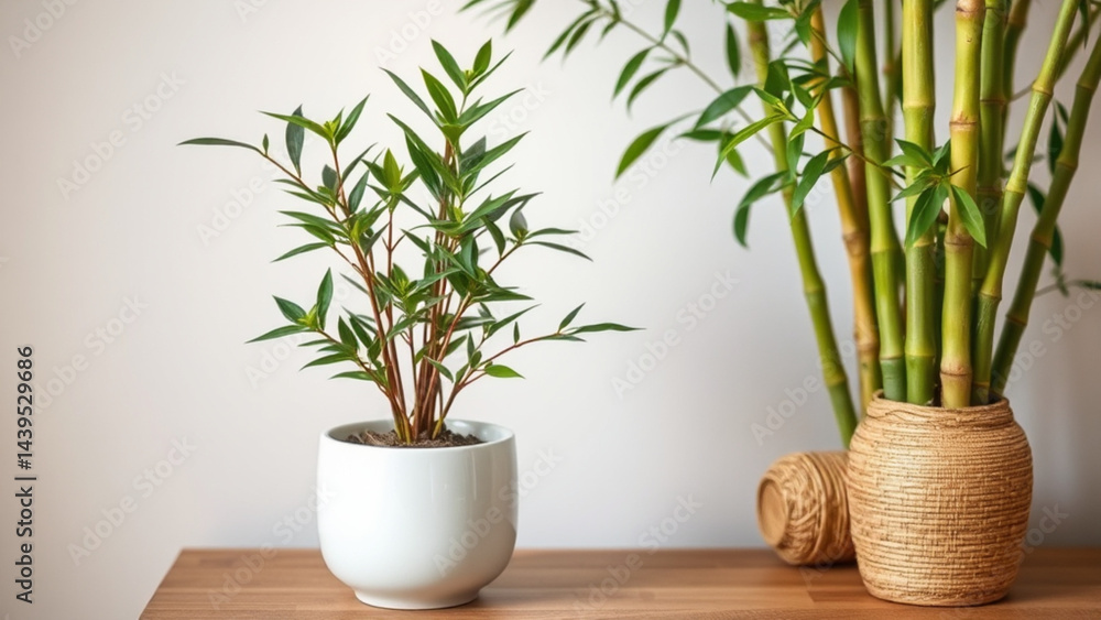 Fototapeta premium Stylish indoor plants in decorative pots showcasing green foliage on a wooden table for a fresh ambiance