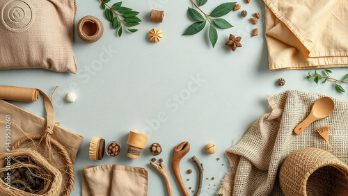 Creative flat lay of eco-friendly materials featuring natural fabrics, wooden utensils, and greenery on a light background