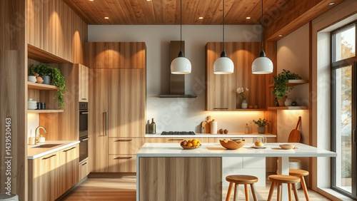 Modern kitchen interior with wooden cabinetry, elegant island, and ambient lighting for a warm atmosphere