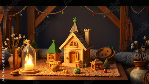 Cozy wooden toy house scene with decorative elements and warm candlelight in a festive setting