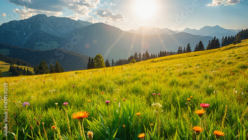 Mountain landscape with bright sunlight shining over colorful wildflowers and green grass