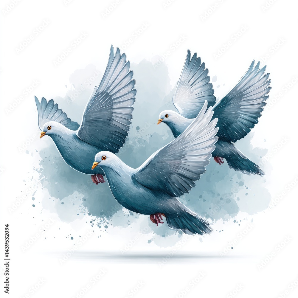 Fototapeta premium Trio of hand painted flying doves on watercolor background for decorative design