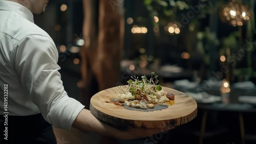 Waiter carrying wooden plate with gourmet dish featuring cauliflower, sauce, sprouts, in warm ambient restaurant setting, showcasing fine dining presentation.
