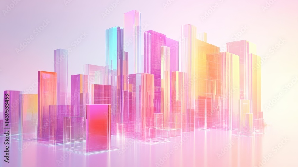 Futuristic Cityscape with Translucent Buildings and Colorful Lighting Effects in Abstract Design Futuristic Cityscape with Translucent Buildings and Colorful Lighting Effects in Abstract Design