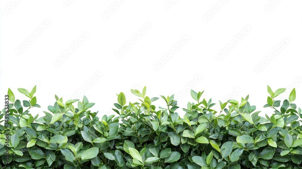 Lush garden bushes with pointed leaves in varying shades of green on a white background. Lush garden bushes with pointed leaves in varying shades of green on a white background.