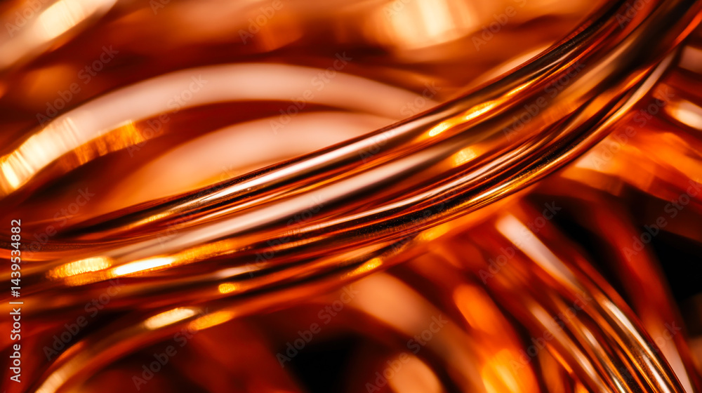 Close-up view of shiny copper wires intertwined together, showcasing their metallic luster and bright orange hue