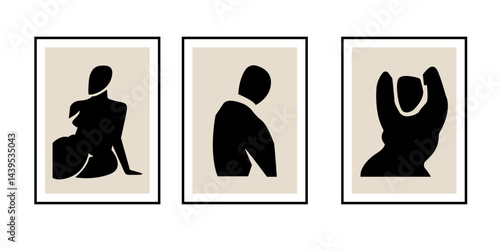 Women contemporary abstract figures silhouette poster, hand drawn cut out female different poses. Flat collage mid-century boho  style, applique art print design, minimal modern wall decor. Isolated
