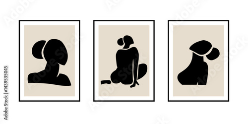 Women contemporary abstract figures silhouette poster, hand drawn cut out female different poses. Flat collage mid-century boho  style, applique art print design, minimal modern wall decor. Isolated