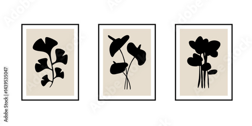 Tropical abstract silhouette posters, hand drawn cut out summer botanica exotic plants floral design elements. Wall art collage modern boho style, applique print wall art design. Isolated