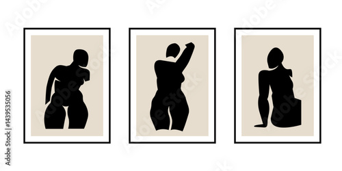 Women contemporary abstract figures silhouette poster, hand drawn cut out female different poses. Flat collage mid-century boho  style, applique art print design, minimal modern wall decor. Isolated