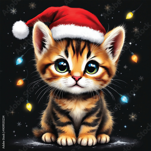 Christmas cat and gift box with Santa Claus hat Cartoon Vector Illustration isolated