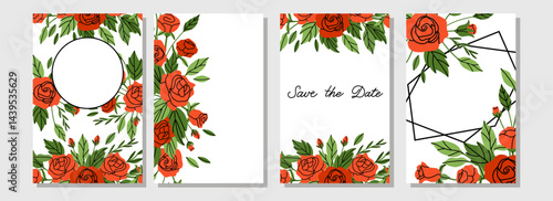 Rose background. Red flowers and green leaves. Decorative banner, spring summer elegant vertical poster. Bouquet with blossoms. Botanical decoration flyer. Vector cartoon flat isolated illustration