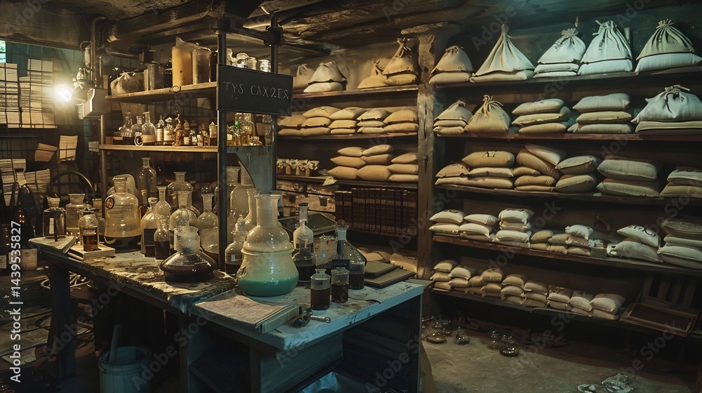 Hidden alchemists laboratory filled with bubbling potions Strange Hidden alchemists laboratory filled with bubbling potions Strange