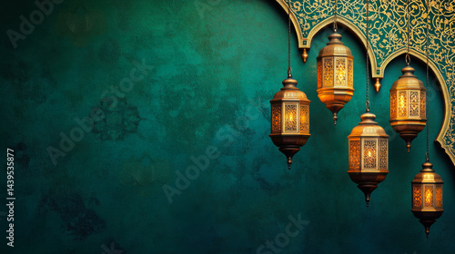 Elegant golden lanterns illuminate a rich turquoise wall in a cozy ambient space