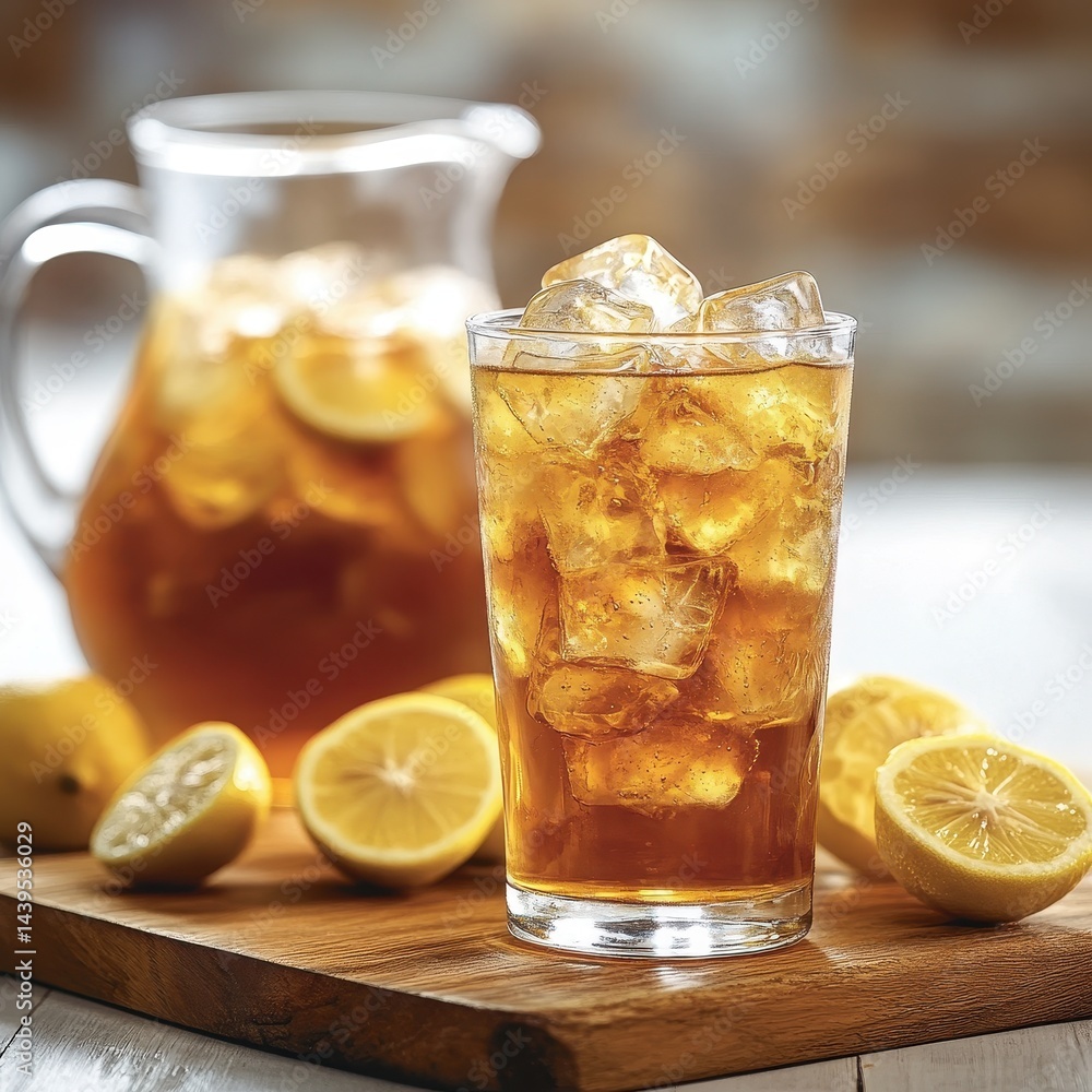 Refreshing Iced Tea with Lemon Slices in a Glass and Pitcher on a Rustic Wooden Surface with Natural Light from a Window Refreshing Iced Tea with Lemon Slices in a Glass and Pitcher on a Rustic Wooden Surface with Natural Light from a Window