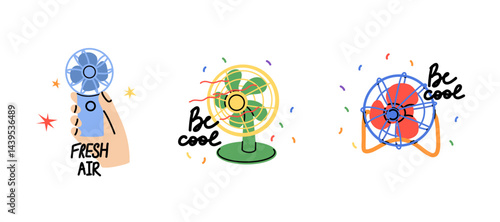 Electric fan. Ventilator table rotating propeller, cool air control, climate control in home. Modern and vintage blower equipment. Doodle drawing. Vector cartoon flat isolated poster, print