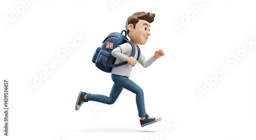 Animated character running with backpack on white background illustration