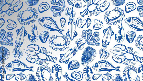A vibrant seafood-themed vector design showcasing a variety of ocean treasures like fish, shrimp, crab, and shells. The clean, detailed illustrations capture the freshness and lively spirit of the sea