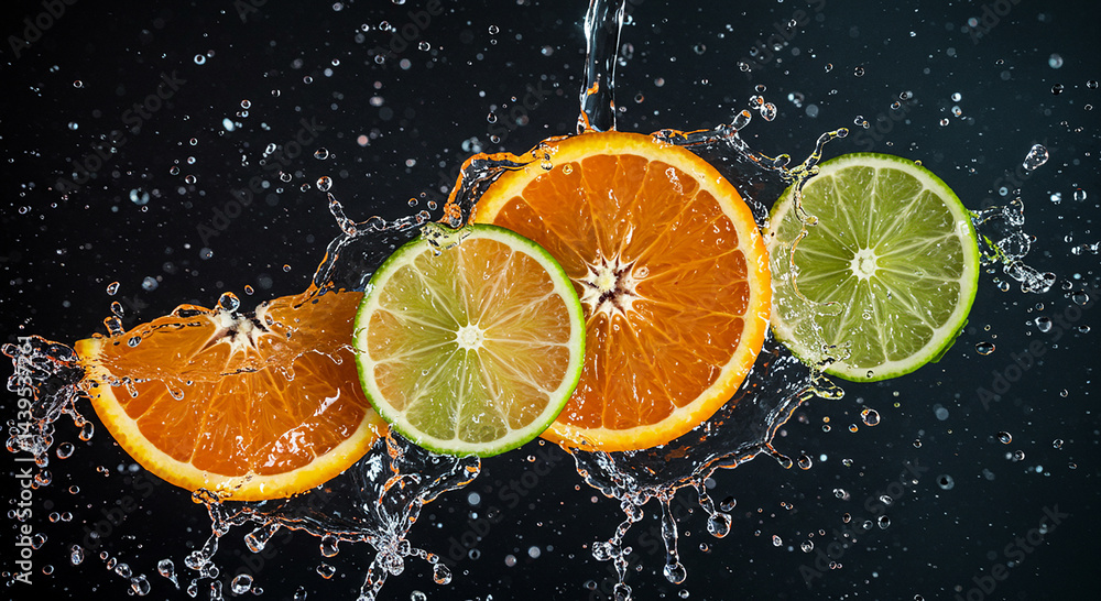 Orange and Lime Slices with Water Splash on Black Background Orange and Lime Slices with Water Splash on Black Background