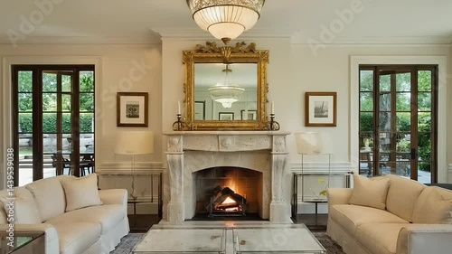 Formal living room with fireplace and large windows.