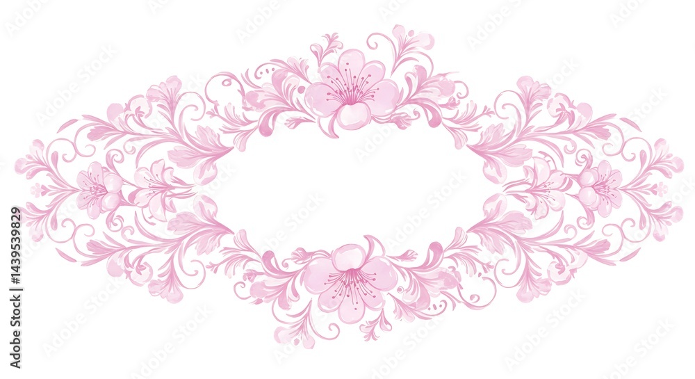 Floral Pink Blossom Frame: Delicate Swirls and Empty Oval. Floral Pink Blossom Frame: Delicate Swirls and Empty Oval.
