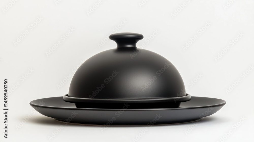 Fototapeta premium Matte black serving cloche lifted above an empty plate in a dining setting on white background.