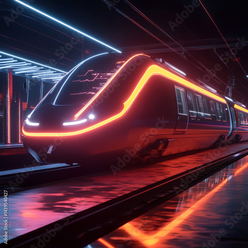 Futuristic train in neon lit station