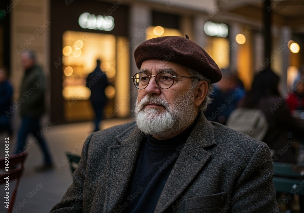 Elegant senior man with beret and beard sitting in cafe outdoors Elegant senior man with beret and beard sitting in cafe outdoors