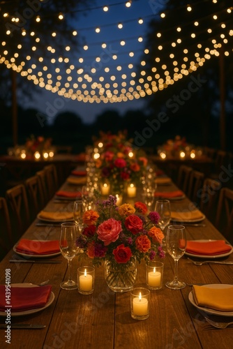 A beautifully arranged dinner table set under a twinkling canopy of lights, with colorful floral centerpieces, elegant glassware, and neatly folded cloth napkins in vibrant colors.