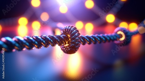 Knotted metallic cables, network connection, vibrant bokeh background