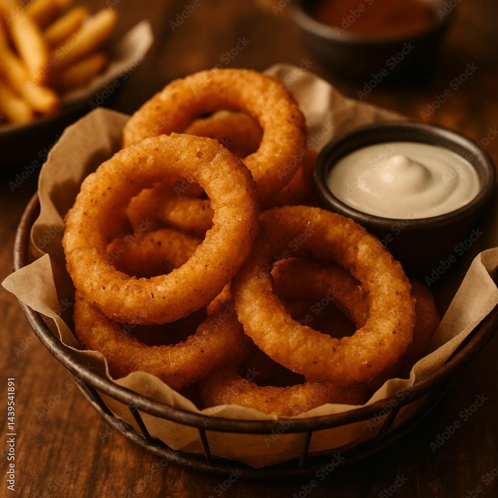 A close-up shot of a basket of crispy, golden-brown onion rings with a light dusting of seasoning, served with a side of creamy dipping sauce in a rustic restaurant setting. A close-up shot of a basket of crispy, golden-brown onion rings with a light dusting of seasoning, served with a side of creamy dipping sauce in a rustic restaurant setting.