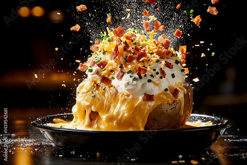 Fluffy baked potato with bacon, sour cream, shredded cheddar cheese, diced chives, and crispy onions flying through the air in a whirlwind of dynamic motion